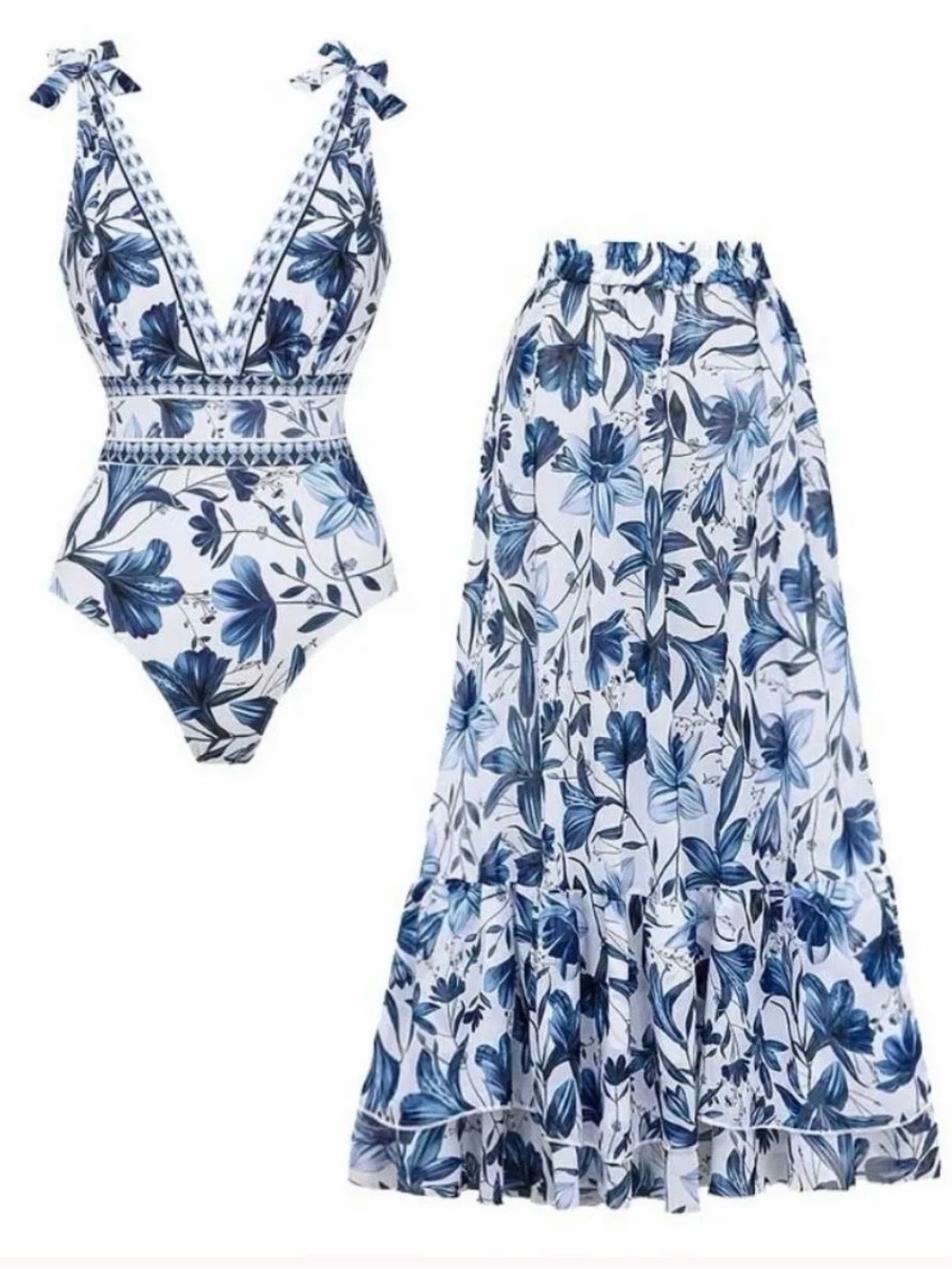 Flaxmaker V neck Blue and White Print One Piece Swim Suit and Skirt